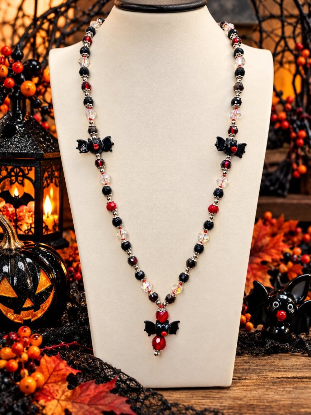 #2 FLASH Halloween Bat Lampwork Glass & Crystal Hand-Knotted Necklace